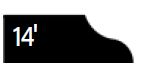 A black rectangular shape with a curved edge on the top right corner and the number 14 followed by an apostrophe on the left side.