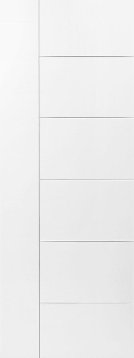 Plain white panel door with vertical and horizontal grooves.