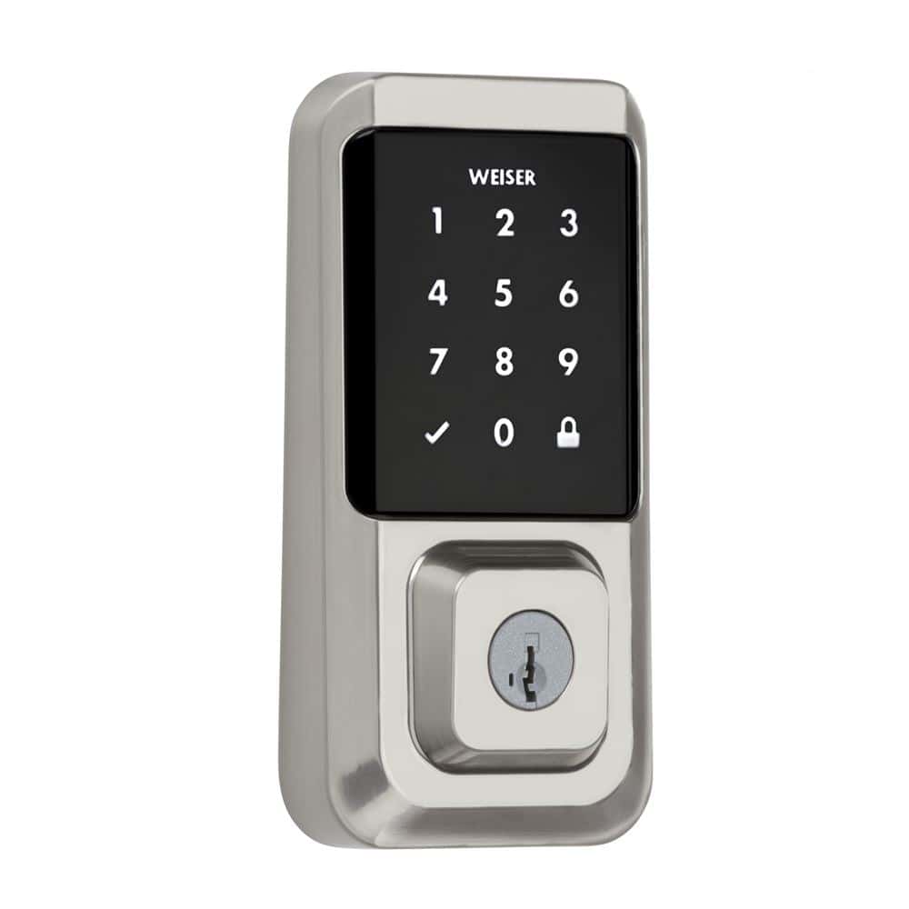 A digital door lock with a touchscreen keypad and a keyhole at the bottom. The screen shows numbers and lock icons.