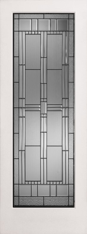 A rectangular stained glass window with a geometric design featuring vertical and horizontal lines, squares, and rectangles in various shades of gray and clear glass.