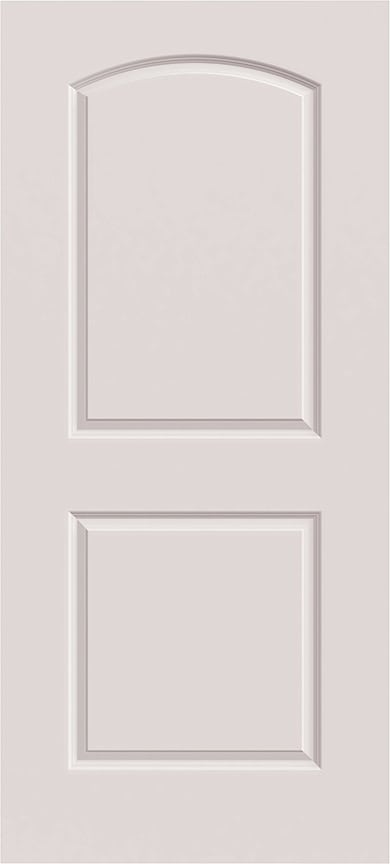White door with a raised panel design, featuring two rectangular sections, the top one with an arched top edge and the bottom one a simple rectangle.
