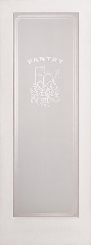 A frosted glass door with PANTRY written above an etched illustration of food items, including jars, a bottle, and fruits, centered within a white frame.