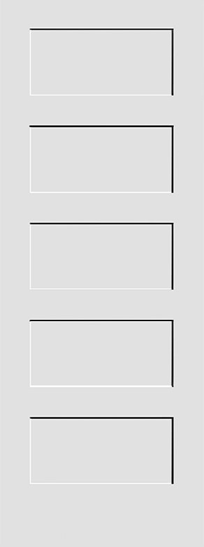 A tall, gray door with five rectangular panels stacked vertically.