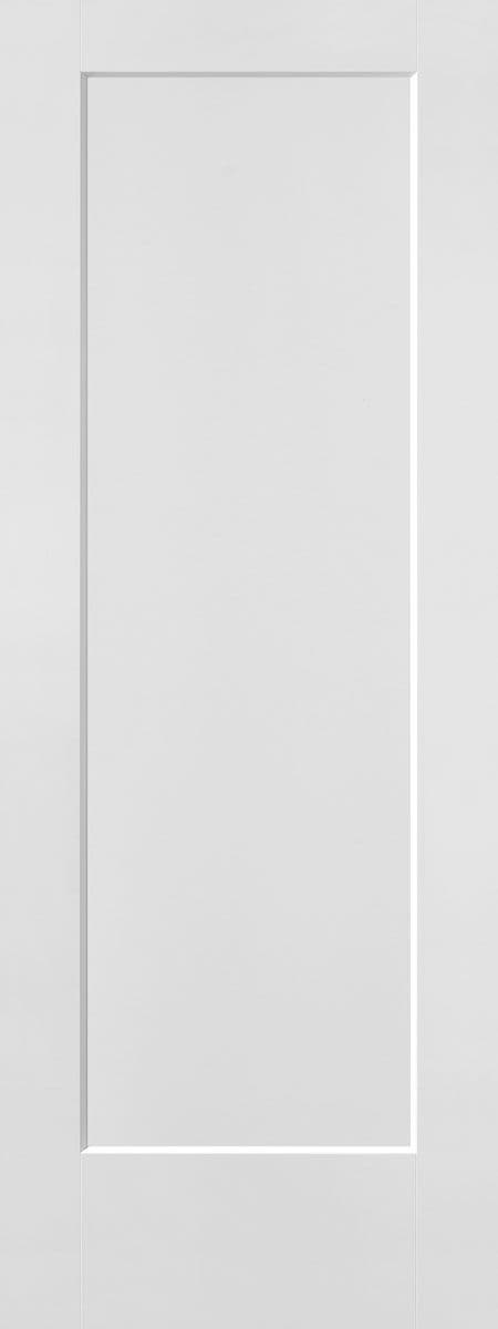 A plain, white, rectangular cabinet door with a simple, recessed panel design.