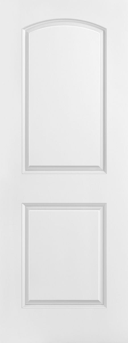 White two-panel interior door with an arched top panel and a square bottom panel.