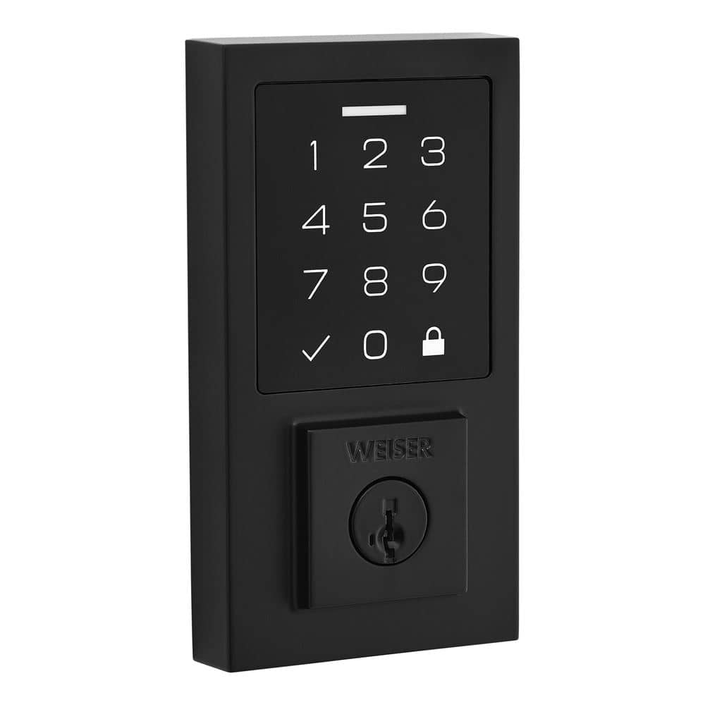 Black electronic keypad door lock with numeric buttons and a keyhole.