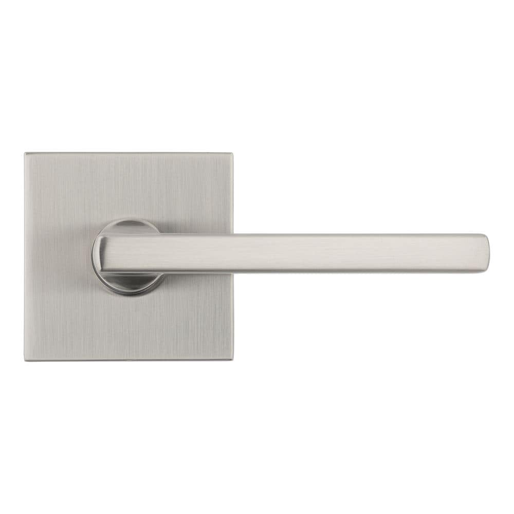 Silver door handle with a straight lever, mounted on a square backplate against a white background.