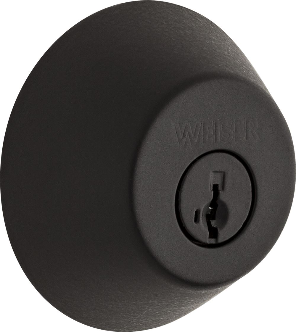 Close-up of a black Weiser keyhole lock.
