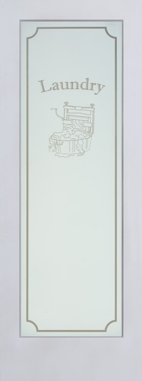 Frosted glass door with the word Laundry and an illustration of a washboard and laundry basket in the center panel.