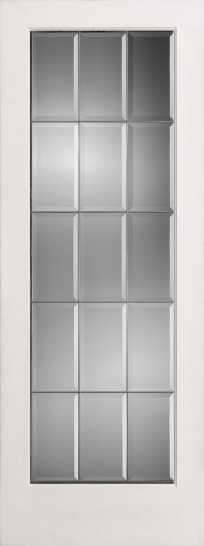 A white door with a vertical window consisting of fifteen frosted glass panels arranged in three columns of five rows each.
