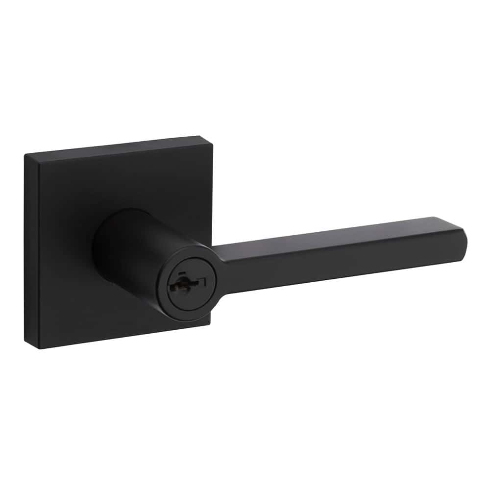 A black lever door handle with a square base and a keyhole.
