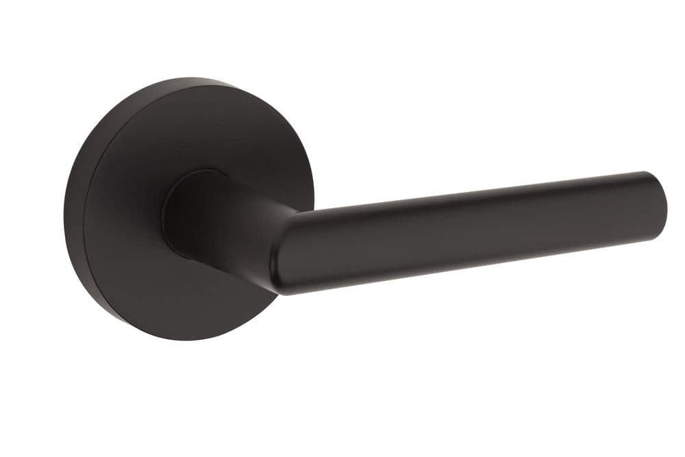 Black door handle with a cylindrical design mounted on a circular base.