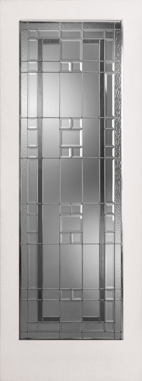 A rectangular, decorative glass window panel with a geometric pattern set in a white frame.