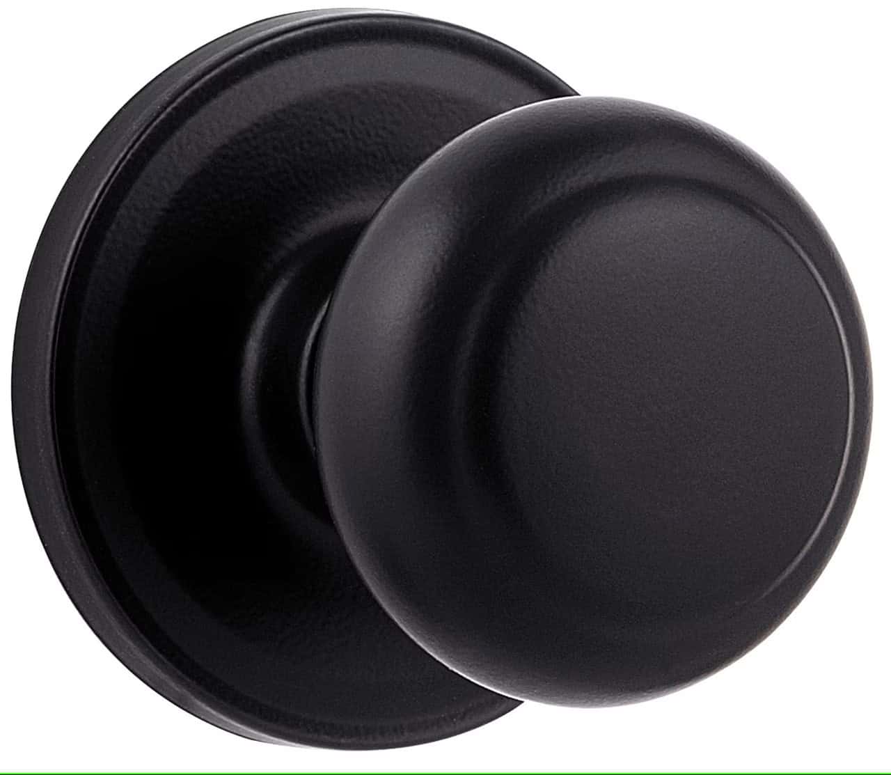 A black, round door knob with a circular base is shown against a white background.