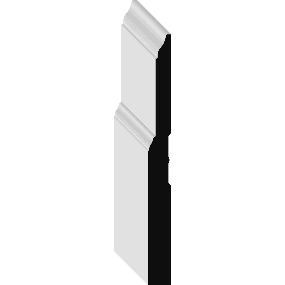 Two white baseboard moldings with decorative edges, aligned vertically in a staggered position, casting shadows on a plain background.