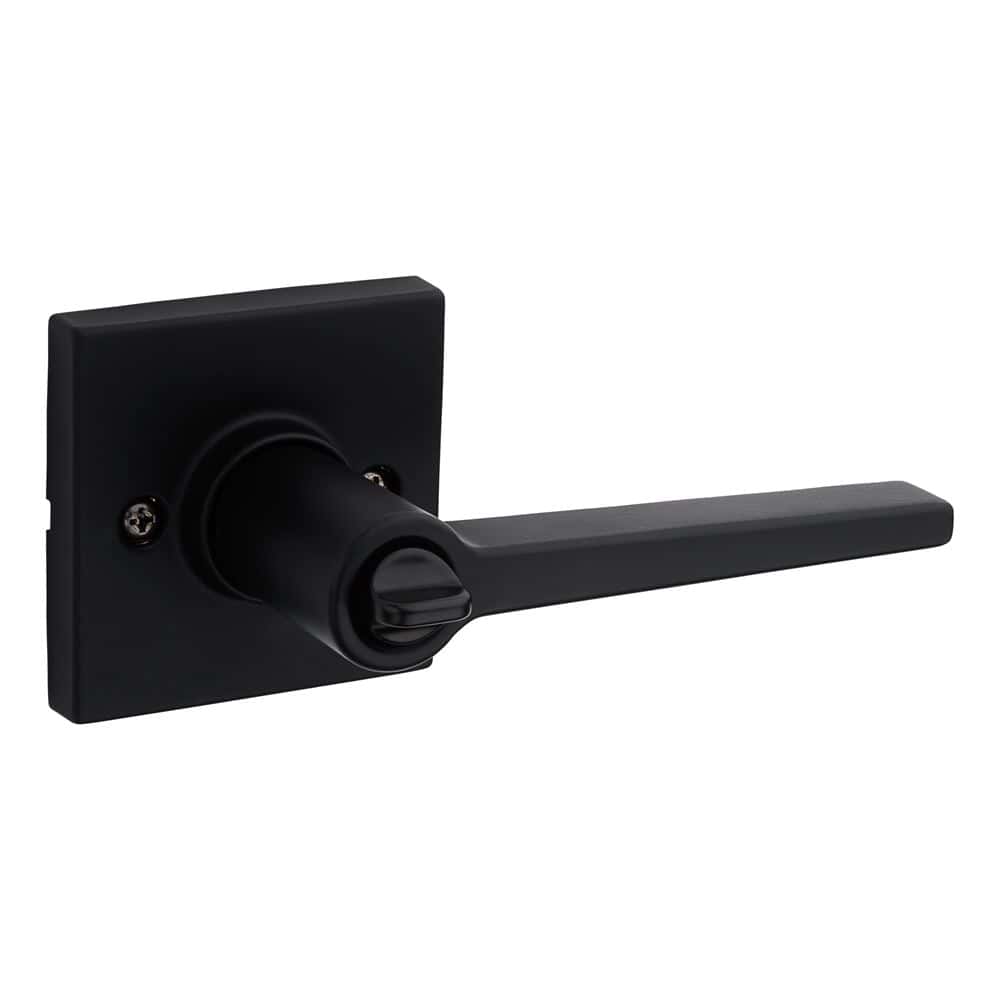 A matte black door handle with a square backplate is shown against a white background.