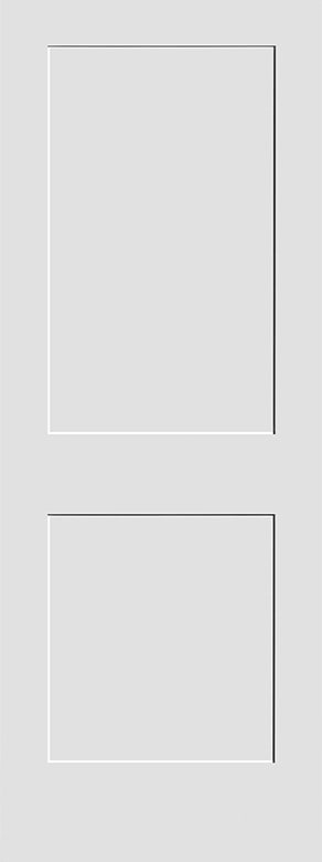 A white door with two rectangular panels, the top one larger than the bottom one.
