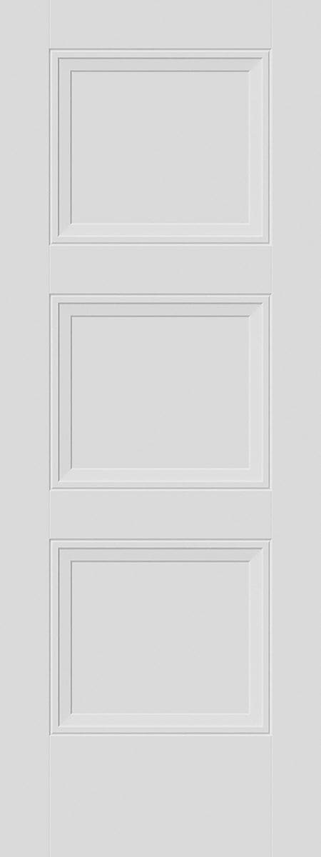 A white door with three rectangular panels arranged vertically.