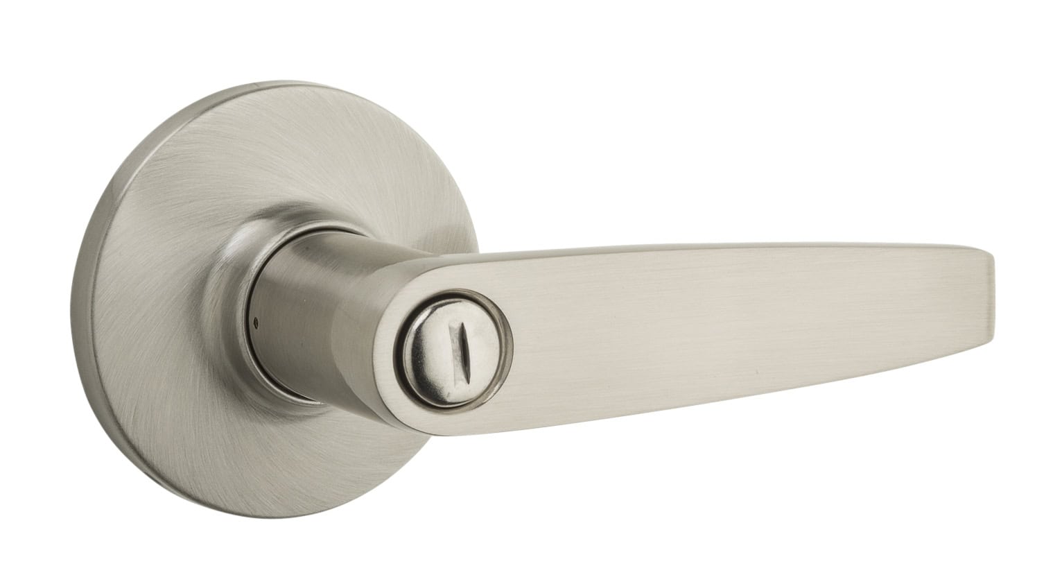 A brushed metal door handle with a keyhole, attached to a circular base plate.