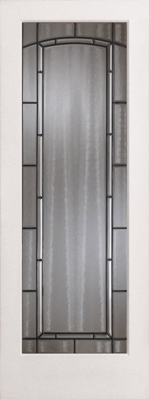 A rectangular frosted glass door panel with a modern geometric border design in a black metal frame.