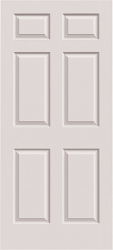 A white six-panel interior door, characterized by three rows of rectangular raised panels.