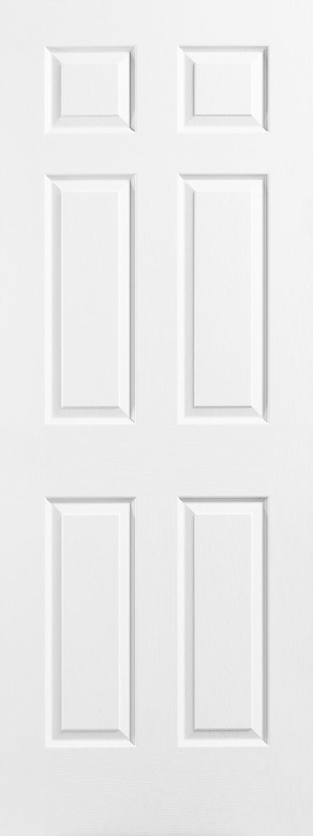 A white six-panel door with a simple, classic design.