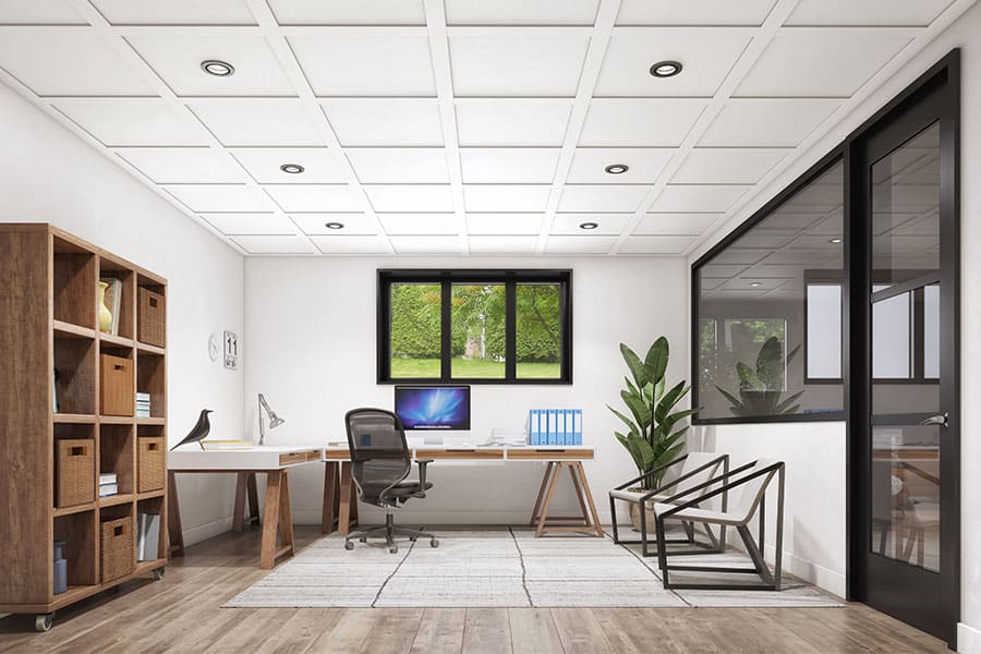 Modern office with a wooden desk, computer, bookshelves, and chairs. Large windows let in natural light. Green plants add decoration. White ceiling with recessed lighting.