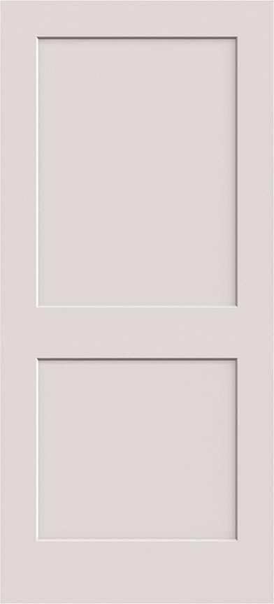 A light grey door with two rectangular recessed panels, the upper panel being taller than the lower one.