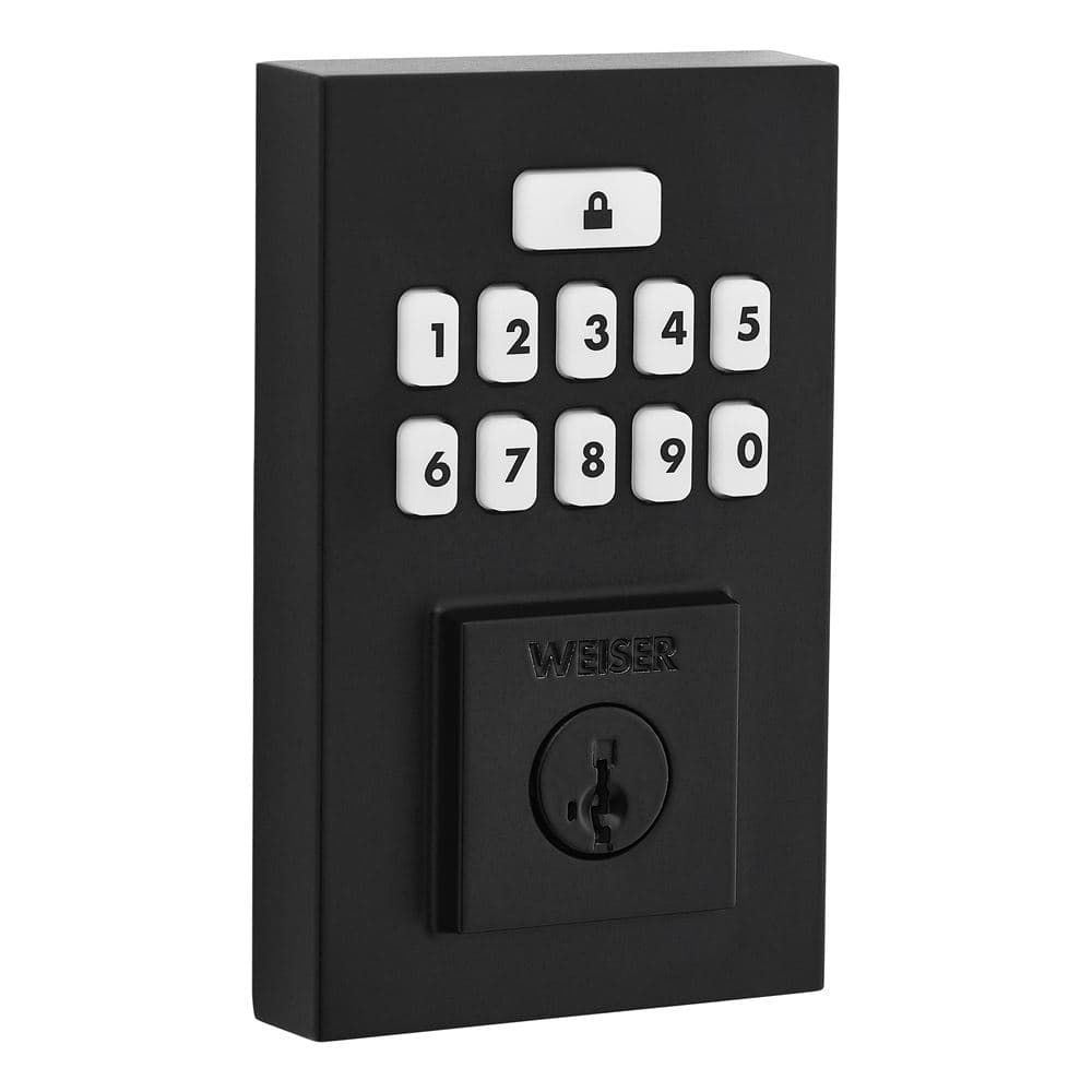 Black electronic keypad lock with numbers 0-9 and a lock icon button at the top.