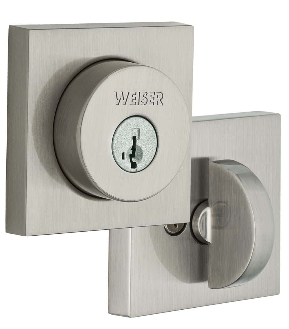 Close-up of a square, satin nickel deadbolt lock set with a keyhole and a thumb turn.