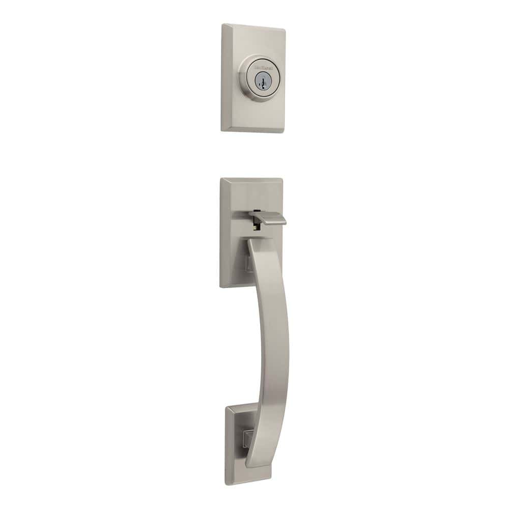 Silver door handle and square deadbolt with a modern design.