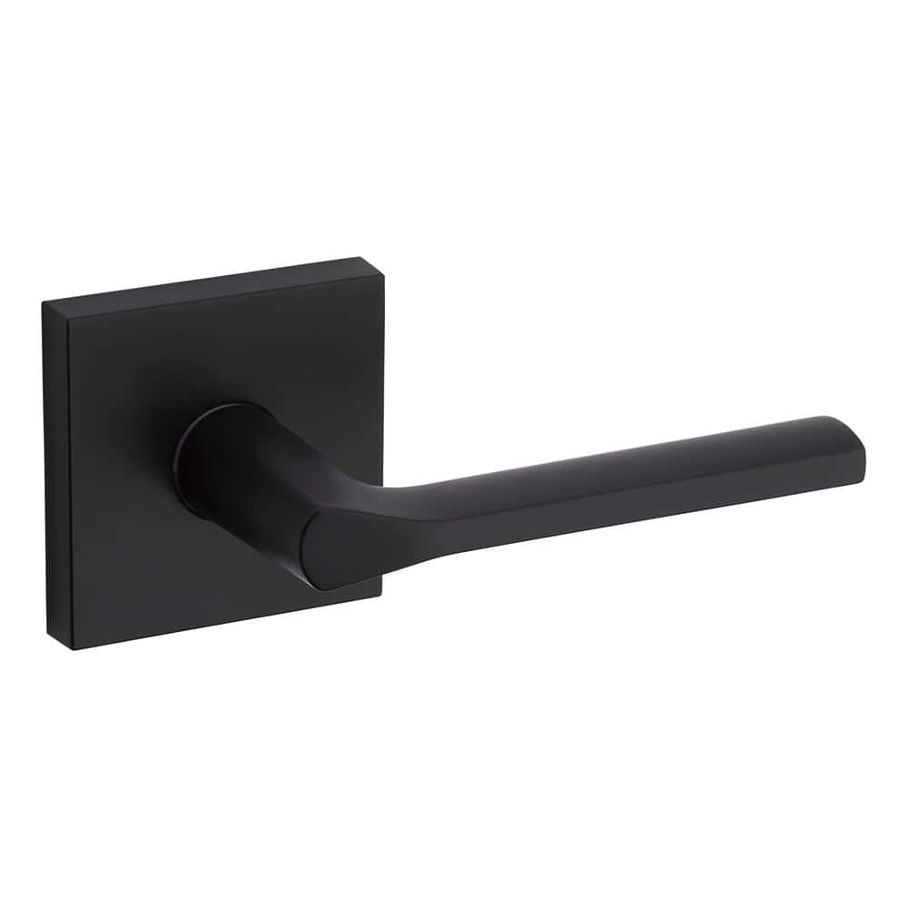 A matte black door handle with a square base and sleek design.